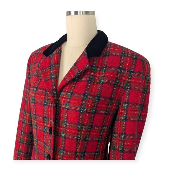 Vintage Talbots Blazer Jacket Plaid Velvet Tartan Holiday Christmas Wool Red 12 - Picture 2 of 13
